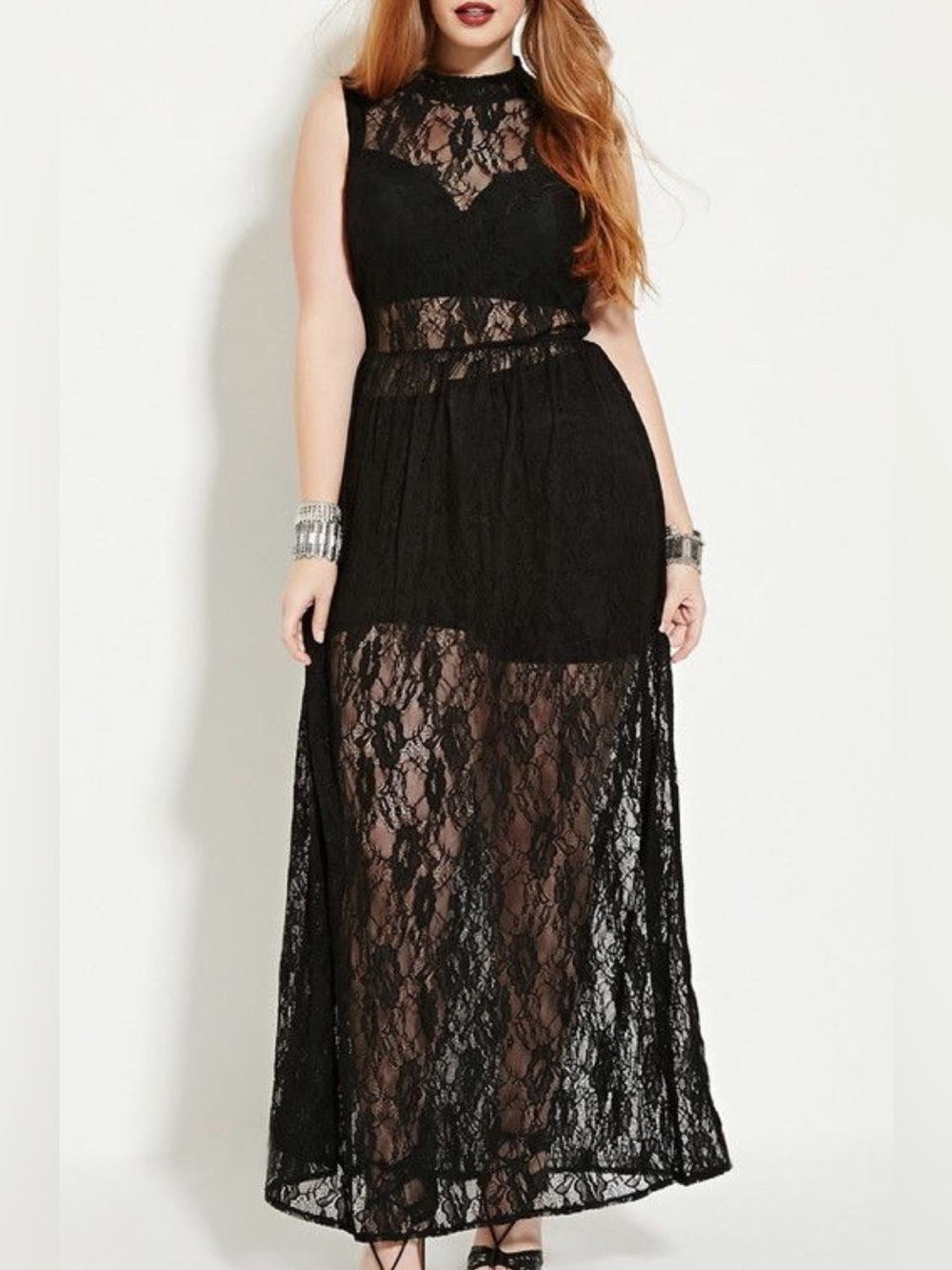 Forever 21 Sheer Black Floral Lace Gothic Maxi Dress Size Small
